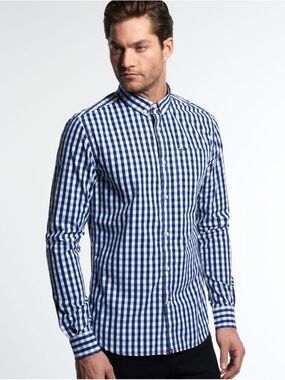 Men’s Superdry Navy and White Gingham Button-Down  Size Large 100% Cotton